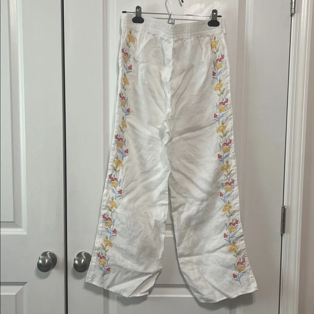 Calypso St Barth Boho White Linen Embroidered Floral Wide-Leg Pants Small - Picture 4 of 7